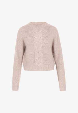 Beige gebreide trui met een kabelgebreid patroon in het midden, ronde halslijn en geribbelde boorden en zoom. Verkorte stijl met een zachte textuur.