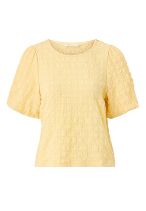 Gul tekstureret kortærmet bluse med puffede ærmer og en rund halsudskæring.