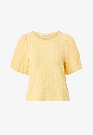 Gul tekstureret kortærmet bluse med puffede ærmer og en rund halsudskæring.