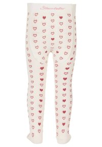 Weißes Strumpfhosen mit einem wiederholenden Muster aus kleinen roten Herzen. Weicher Stoff, elastischer Bund und gerippte Details am Knöchel.