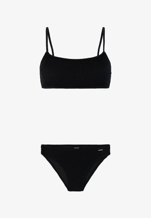 Schwarzes, strukturiertes zweiteiliges Bikini-Set mit Spaghettiträgern am Oberteil und klassischem Schnitt bei den Höschen.
