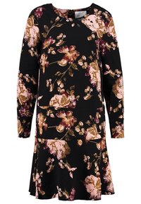 Schwarzes Kleid mit langen Ärmeln, Blumenmuster in Rosa und Burgunder, runder Ausschnitt, leicht ausgestellter Saum, strukturierten Stoff.