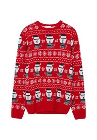 Pull en maille rouge avec des motifs d'ours blancs et gris portant des chapeaux noirs, accentué de flocons de neige et de rayures en noir et blanc.