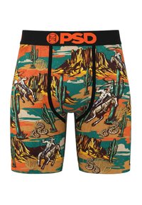 Boxer-briefs pour hommes avec une scène de désert mettant en vedette des cow-boys à cheval, des cactus, des serpents à sonnettes et des montagnes dans des tons orange, turquoise et marron.