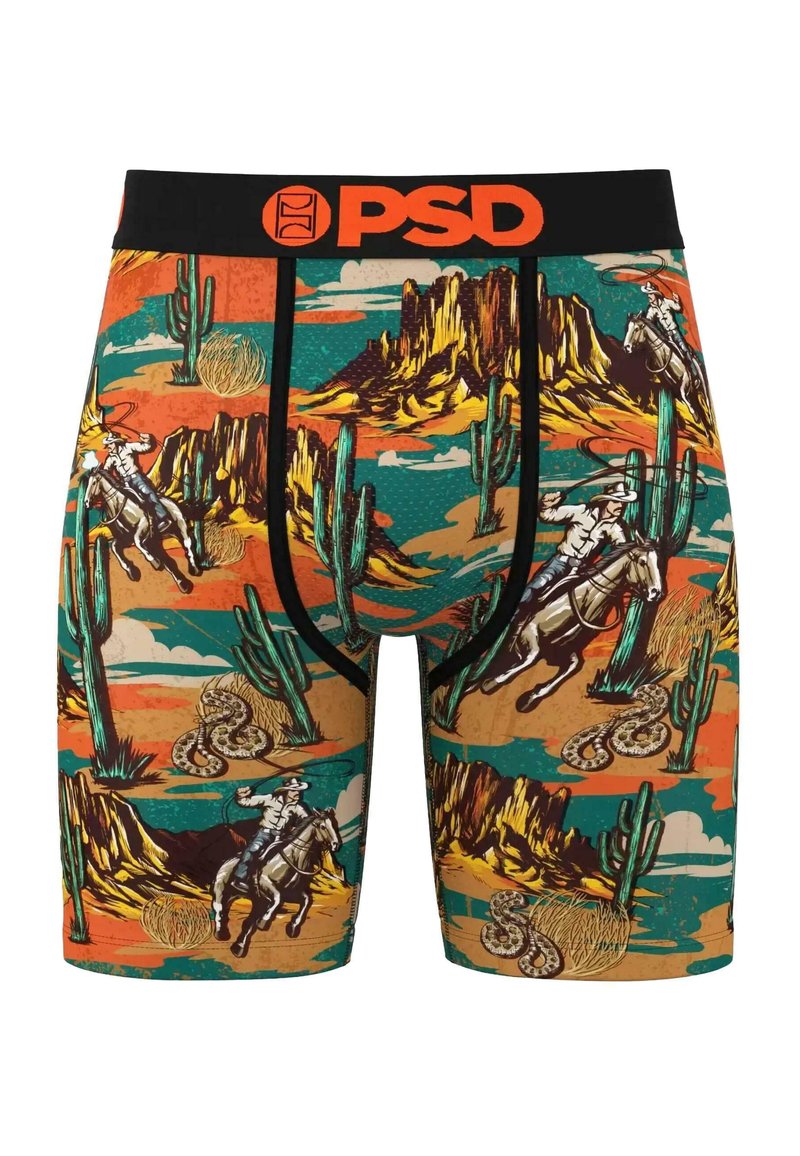 Boxer-briefs pour hommes avec une scène de désert mettant en vedette des cow-boys à cheval, des cactus, des serpents à sonnettes et des montagnes dans des tons orange, turquoise et marron.