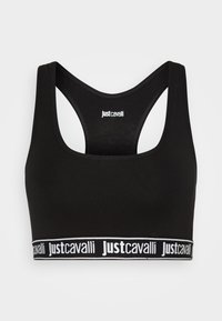 Soutien-gorge de sport en coton noir avec un col rond, un design dos nageur et une bande élastique portant le logo "Just Cavalli" en blanc.