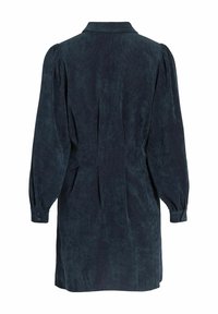 Haljina od tamnoplave kordurojne tkanine s dugim nabranim rukavima, klasičnim ovratnikom, manžetnama na kopčanje i naborkom straga za opušteni kroj.