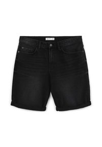Shorts di denim nero con un design classico, caratterizzati da orli arrotolati, tasche frontali e chiusura a bottone. Texture liscia con una leggera lucentezza.