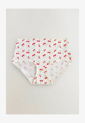 Valged puuvillased hipster-aluspüksid, millel on punaste ja roheliste kirsside muster. Pehme tekstuur koos elastse vöökoha ja õmmeldud servadega.