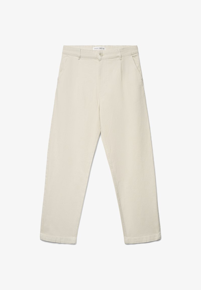 Pantaloni beige in cotone con vestibilità rilassata, gamba dritta, tasche anteriori e chiusura con un solo bottone in vita.