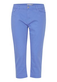 Modré zkrácené kalhoty vyrobené z bavlny. Mají přední kapsy a hladkou texturu, zapínání na knoflík a poutka na opasek.