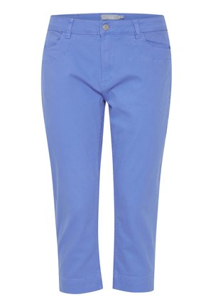 Blå cropped bukser lavet af bomuld. Har forlommer og en glat tekstur med knaplukning og bæltestropper.