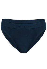 Marineblaue Slips mit glatter Textur und elastischem Bund, der ein dezentes Markenlogo zeigt. Klassisches Design mit voller Abdeckung.