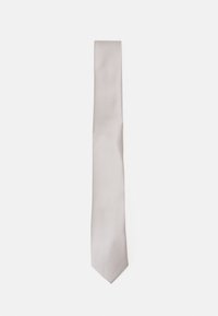 Heller grauer Krawatte mit glatter, strukturierter Oberfläche und diagonalem Rippmuster; schlanke Form, spitze Spitze, entworfen für formelle Anlässe.