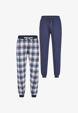 Deux paires de pantalons : l'un est à carreaux bleu, blanc et rouge avec un cordon de serrage ; l'autre est unie bleu marine avec des poches latérales et une coupe fuselée.