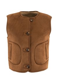 Gilet in camoscio marrone con collo rotondo, dotato di due tasche laterali, tre bottoni frontali e una morbida fodera interna. Texture liscia.