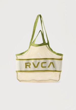 Beige Netz-Tragetasche mit olivgrüner Umrandung und Griffen, mit „RVCA“-Logo über dem mittleren Panel vor einfarbigem Hintergrund.