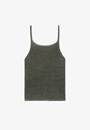 Top sans manches en tricot de couleur vert foncé. Présente une texture fine, un col rond et de fines bretelles. Design simple et ajusté.