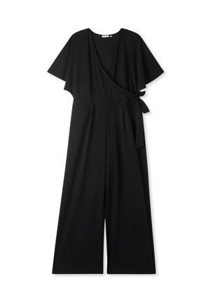 Tuta nera con maniche corte a volant, design avvolgente, cintura con fiocco in vita e stile pantaloni a gamba larga. Tessuto dalla consistenza liscia.