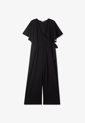 Tuta nera con maniche corte a volant, design avvolgente, cintura con fiocco in vita e stile pantaloni a gamba larga. Tessuto dalla consistenza liscia.