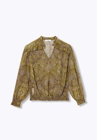 Blouse verte à motifs, avec un col en V, de longues manches bouffantes et un ourlet élastiqué. Présente un design paisley complexe en jaune et marron.