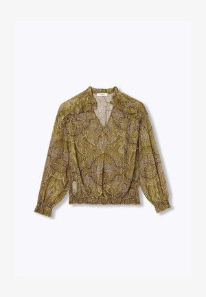 Blouse verte à motifs, avec un col en V, de longues manches bouffantes et un ourlet élastiqué. Présente un design paisley complexe en jaune et marron.