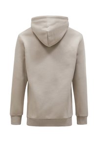 Beige huppari, jossa on naru, pehmeä rakenne, ribatut hihansuut ja helma, sekä kengurulaukku. Takana on sileä, koristamaton muotoilu.