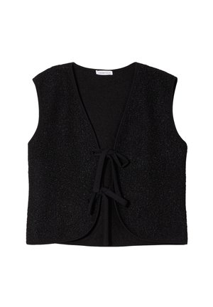 Gilet noir avec une finition texturée, à l'avant ouvert et fermeture par lien. Design sans manches avec un col rond et un ourlet arrondi.