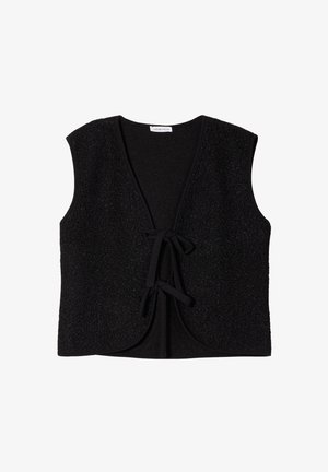 Schwarze Weste mit texturiertem Finish, offener Vorderseite und Krawattenverschluss. Ärmelloses Design mit rundem Ausschnitt und geschwungenem Saum.