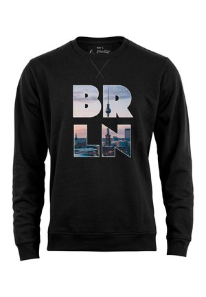 Black sweatshirt featuring large "BRLN" lettering filled with a city skyline image, round neck, and long sleeves. Made of cotton.