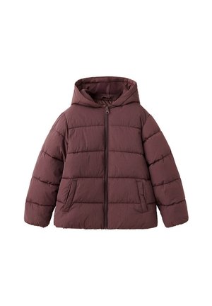 Veste matelassée marron avec capuche, fermeture éclair à l'avant et deux poches latérales, conçue pour temps froid.