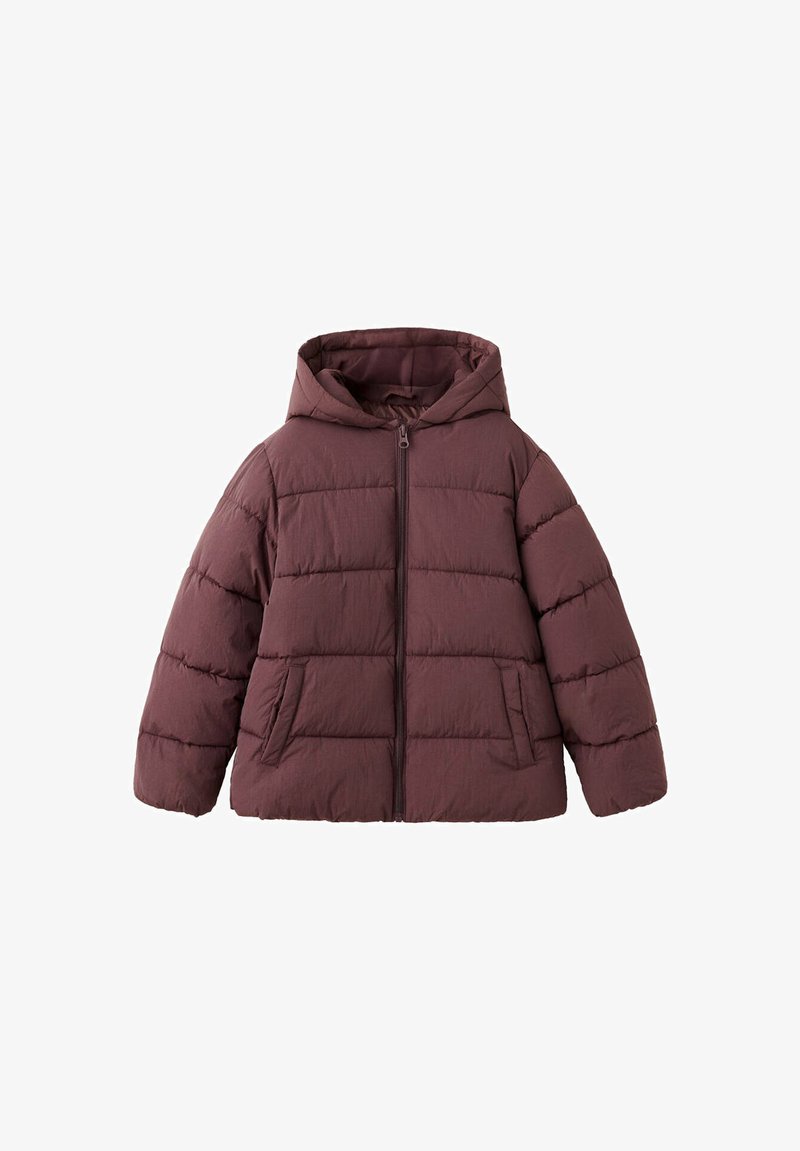 Veste matelassée marron avec capuche, fermeture éclair à l'avant et deux poches latérales, conçue pour temps froid.