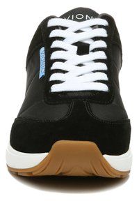 Black athletic shoe featuring a suede and synthetic upper, white laces, and a rubber sole with a brown accent. Vionic logo on tongue.