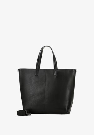 Sac cabas en cuir noir avec deux poignées supérieures et une bandoulière réglable. Texture lisse avec un design simple et minimaliste.