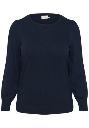Granatowy sweter dzianinowy z okrągłym dekoltem, długimi rękawami typu puff i ribbowymi mankietami oraz dołem. Wykonany z miękkiego, elastycznego materiału.