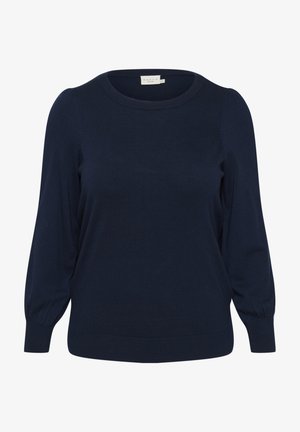 Mörkblå stickad tröja med rund halsringning, långa puffärmar och ribbade muddar och nederkant. Tillverkad av mjukt, elastiskt material.