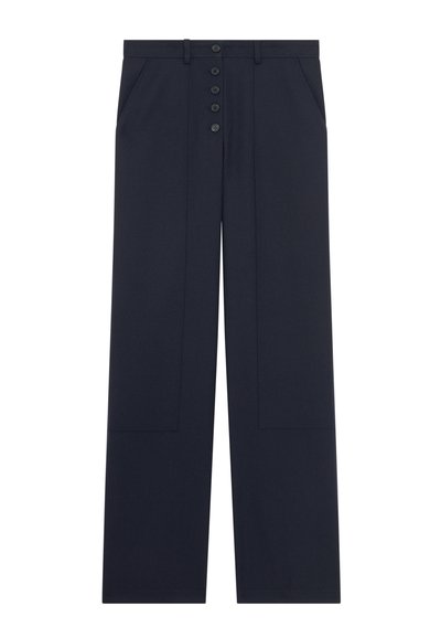 Pantaloni a gamba larga blu navy con vita alta, chiusura frontale con sei bottoni, passanti per cintura e tasche laterali.