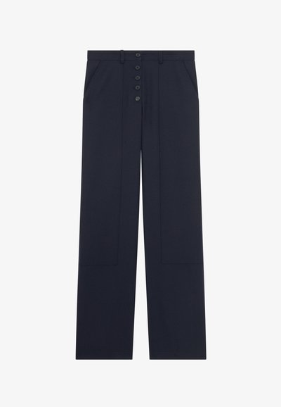 Marineblaue weite Hosen mit hoher Taille, vorderem Knopfverschluss mit sechs Knöpfen, Gürtelschlaufen und Seitentaschen.