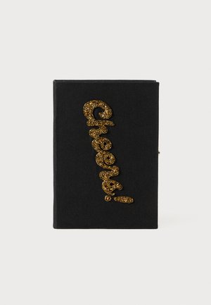 Zwart notitieboek met glinsterende gouden tekst "Cheers!", met een textuur en een verticale indeling.