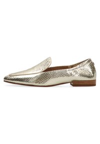 Metallic gold loafers with a snakeskin texture, pointed toe, and flat wooden heel. Smooth surface with a light sheen and no visible hardware.