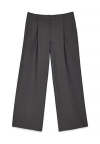 Pelēki platā kāja bikses, izgatavotas no gludas auduma, ar priekšējiem krokām, rāvējslēdzēja jostu un jostu cilpiņām, kas ļauj pielāgot izmēru.