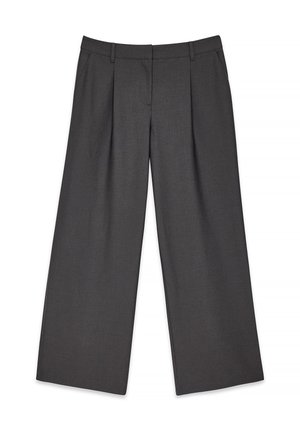 Sivè široké nohavice vyrobené z hladkej tkaniny, s prednými skladmi, zipsom na prednej strane a pútkami na opasok pre nastaviteľnú veľkosť.