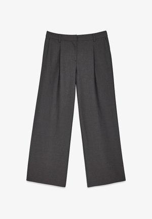 Gray wide-leg trousers made of a smooth fabric, featuring front pleats, a zip fly, and belt loops for adjustable fit.