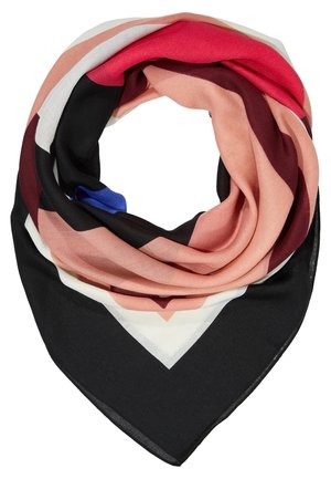 Foulard carré plié avec un motif géométrique en noir, blanc, rose, rouge, bordeaux et un petit accent bleu.