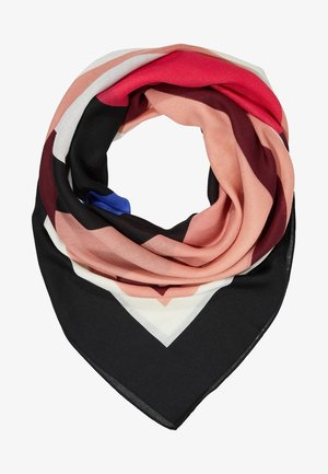 Foulard carré plié avec un motif géométrique en noir, blanc, rose, rouge, bordeaux et un petit accent bleu.