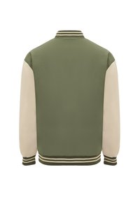 Zöld és bézs bomberdzseki bordázott gallérral és mandzsettákkal, egyszínű színblokkolással és sima, matt felülettel.