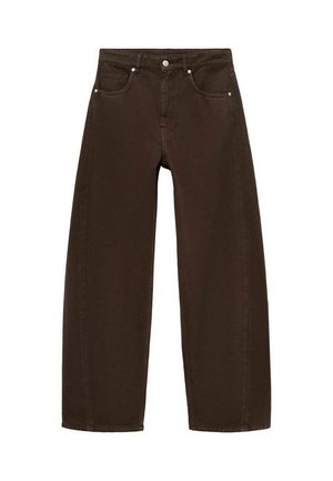 Brown wide-leg jeans made of denim, featuring a button and zipper closure, five pockets, and metal hardware accents.