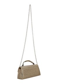 Metallic goldfarbene Handtasche mit strukturierter Form, oberem Griff und Kettenriemen. Verfügt über eine strukturierte Oberfläche und klare Linien für einen modernen Look.