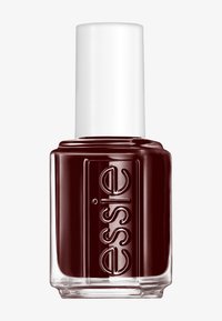 Smalto per unghie Essie di colore borgogna scuro, contenuto in una bottiglia di vetro trasparente con un caratteristico tappo a vite bianco e logo impresso.