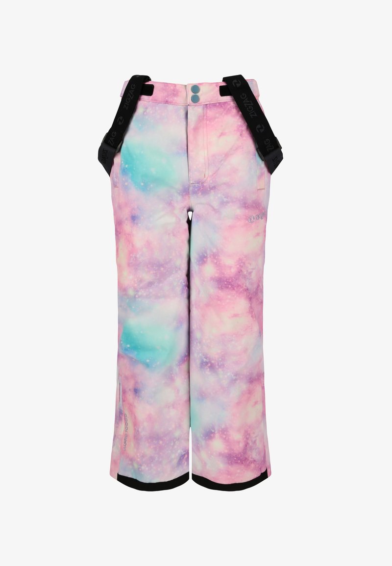 Pantaloni da neve rosa e blu con motivo a galassia, bretelle nere regolabili e polsini neri alle caviglie. Materiale impermeabile.